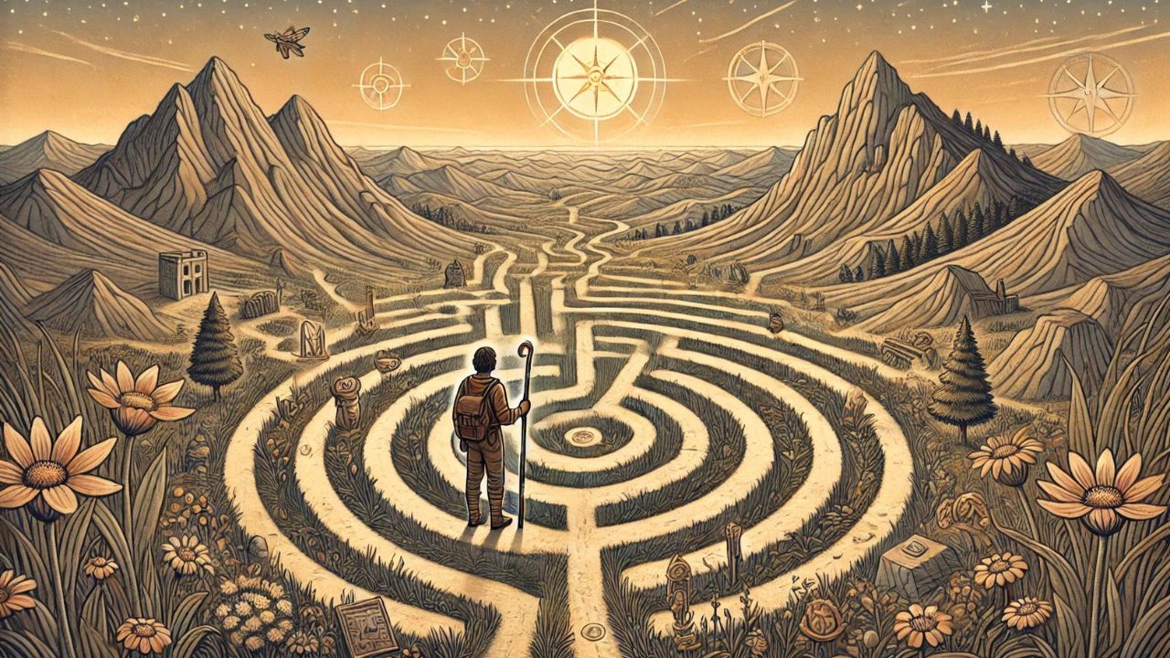Transformation des Ego_die labyrinthartige Landschaft mit dem Wanderer auf einem Pfad, umgeben von Symbolen der Selbstfindung