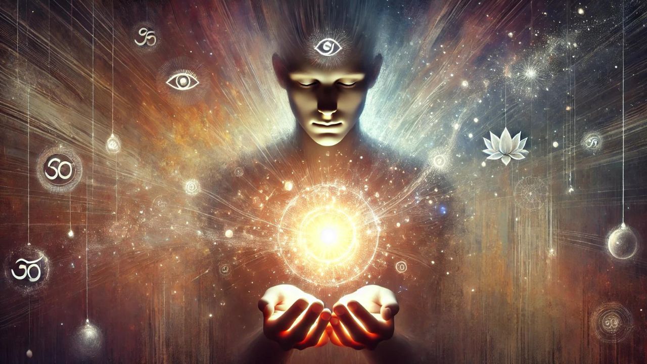 das Konzept von Bewusstsein in deinen Händen-leuchtende-ätherische Lichtkugel und die Symbole des Wissens und der Achtsamkeit