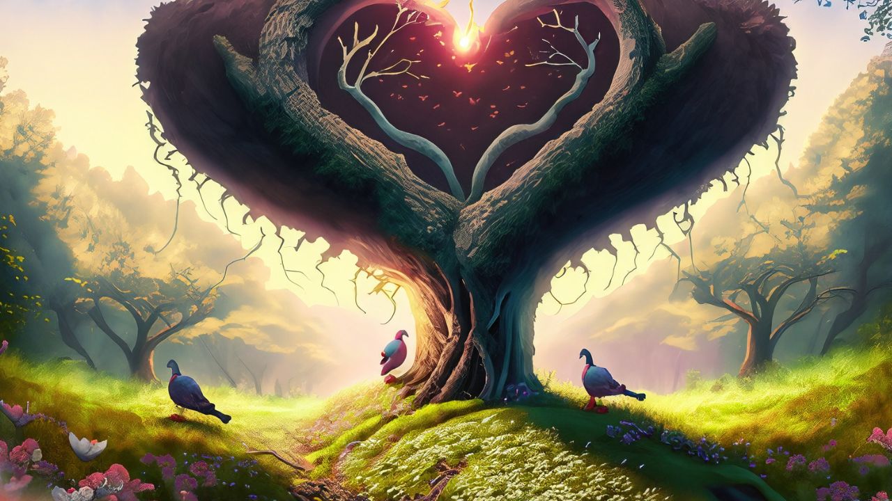 die Kraft der Liebe in Symbolen, ein Baum in Herzform und 2 Tauben, die den Weg zu ihrer Liebe finden