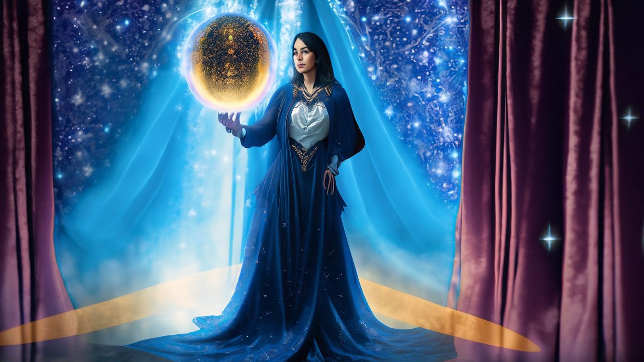 Der Magier Archetyp; Frau mit blauer Robe und einer leuchtenden Kugel, Doreen Ullrich Branding mit Archetypen