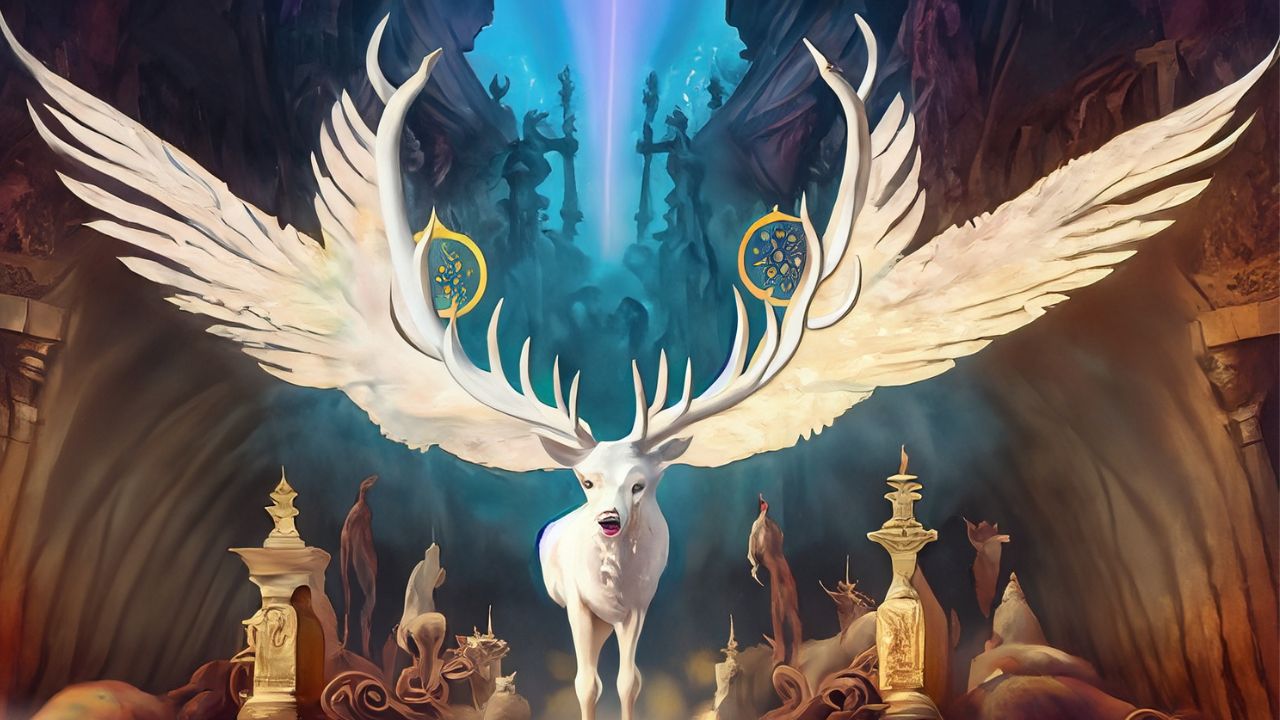 Die Macht der Symbole, heilige Symbole, ein Hirsch als Zeichen der Mystik, erstellt in Adobe Firefly