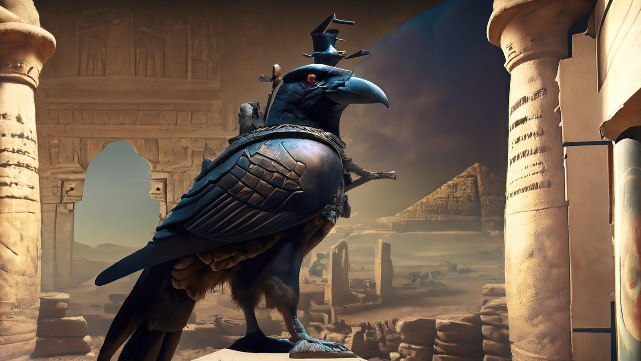 Geheime Symbole, ein Rabe als symbolischer Träger von Geheimnissen, Hintergrund Pyramiden in Ägypten, die verlorene Stadt Petra, Stonehenge, erstellte in Adobe Firefly