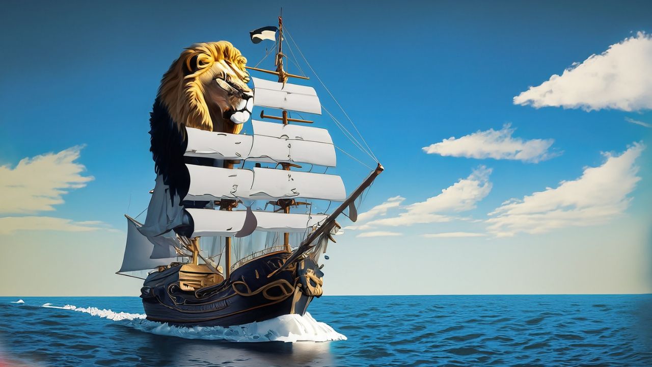 Symbole für Mission und Vision, ein Löwenkopf im Segel eines Schiffes, das seinen Weg kennt