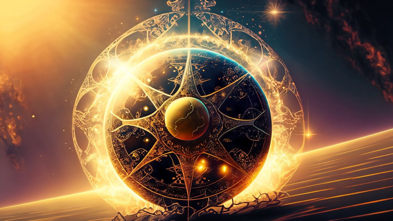 Menschliche Mentalitäten der Spiritualist, ein goldener Planet durchdrungen von Licht und Symbolen