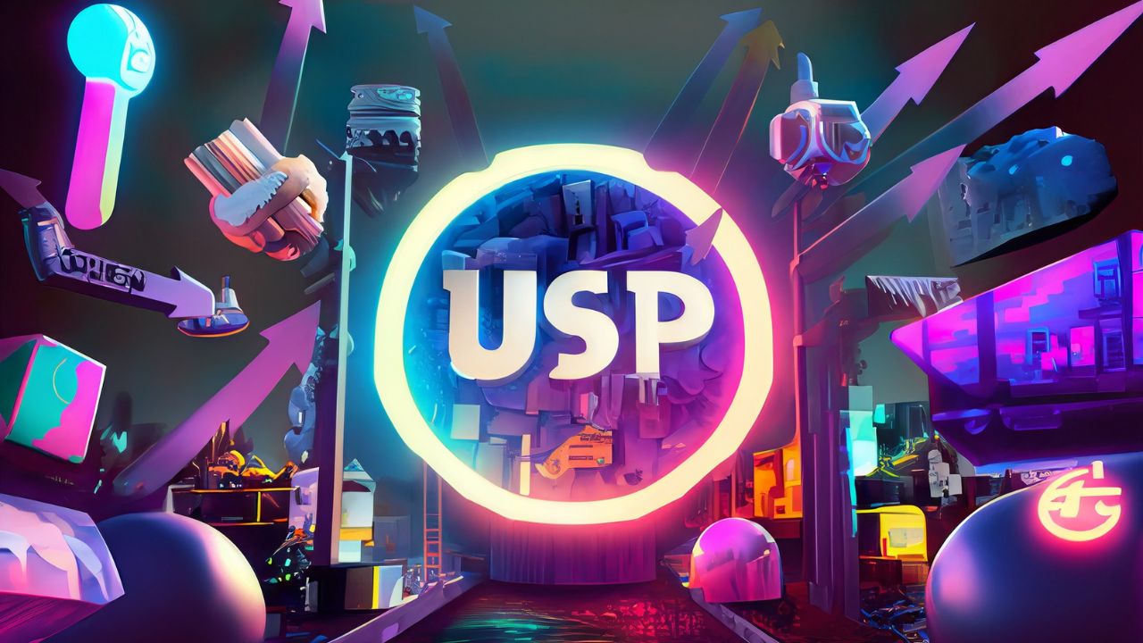 Darstellung von USP, Marktplatz futuristisch mit auffälligem Shop, erstellt mit Firefly