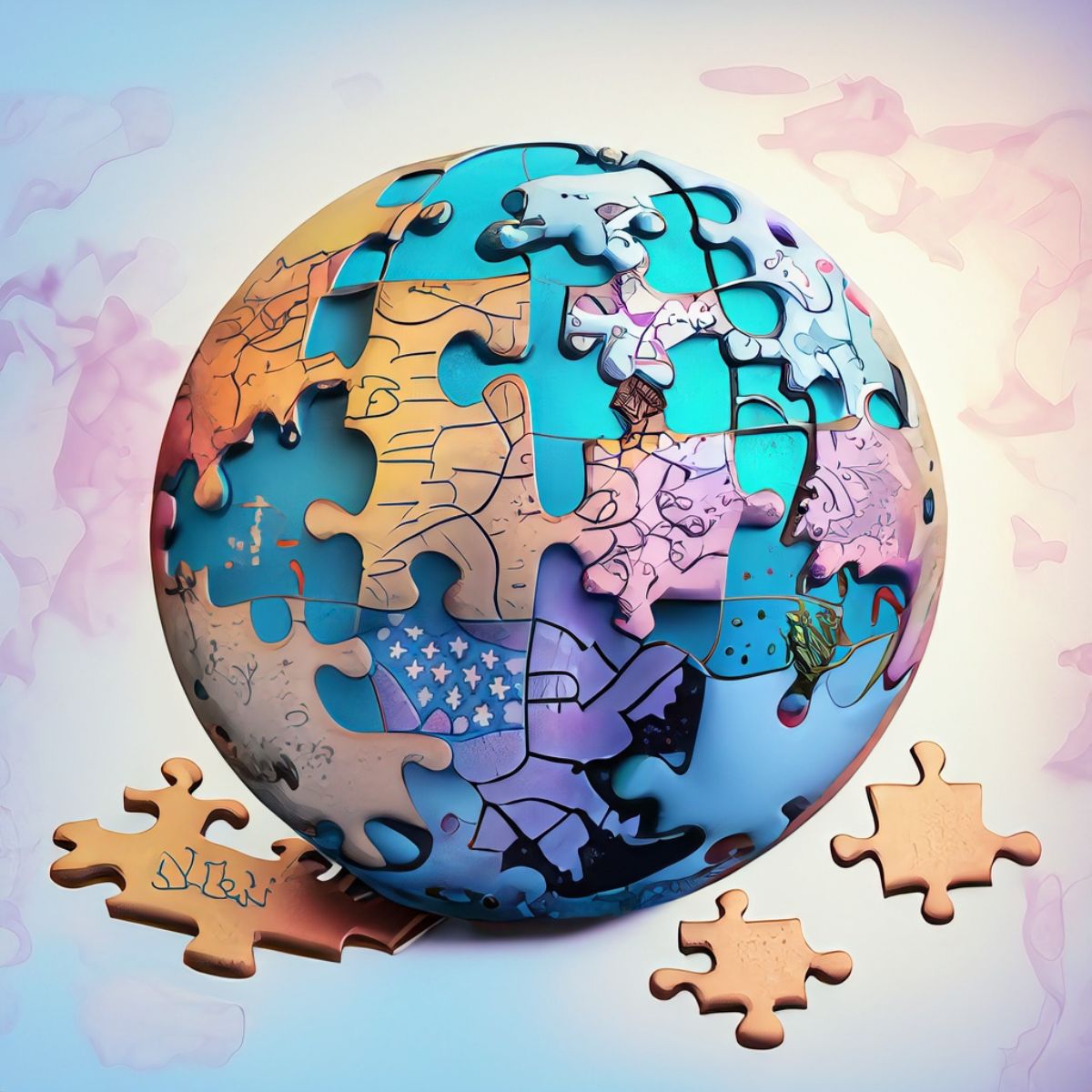 Markenstrategie, globus mit Puzzleteilen, erstellt in Firefly von Doreen Ullrich
