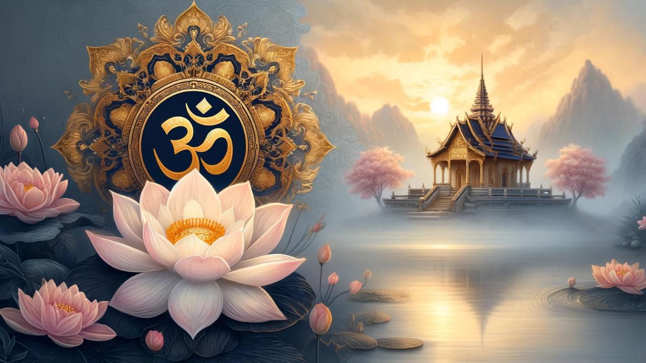 Spirituelle Symbole aus Asien Lotus und Om Zeichen