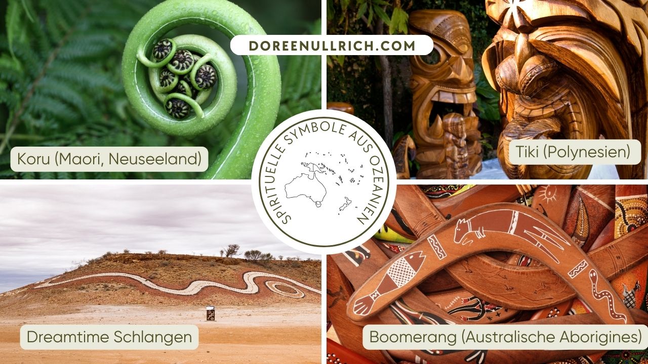 Spirituelle Symbole aus Ozeanien (Koru, Tiki, Dreamtime snakes, Boomerang)