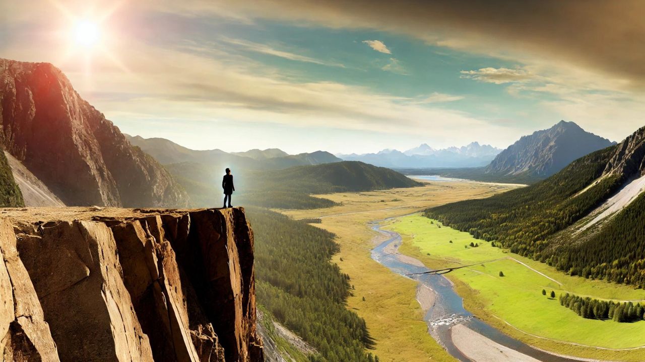 Der Einzelgänger Archetyp_eine weite Landschaft eine Person steht am Berg