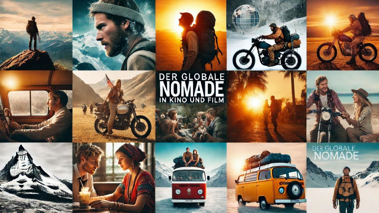 Eine Montage ikonischer Filmszenen, die globale Nomaden in Aktion zeigen Der Globale Nomade in Kino und Film